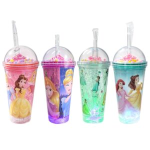 Copo c/ Canudo e Led Princesas 450ml Rosa Multicolorido Verde Transparente Infantil Bebidas Duplo Criança Presente