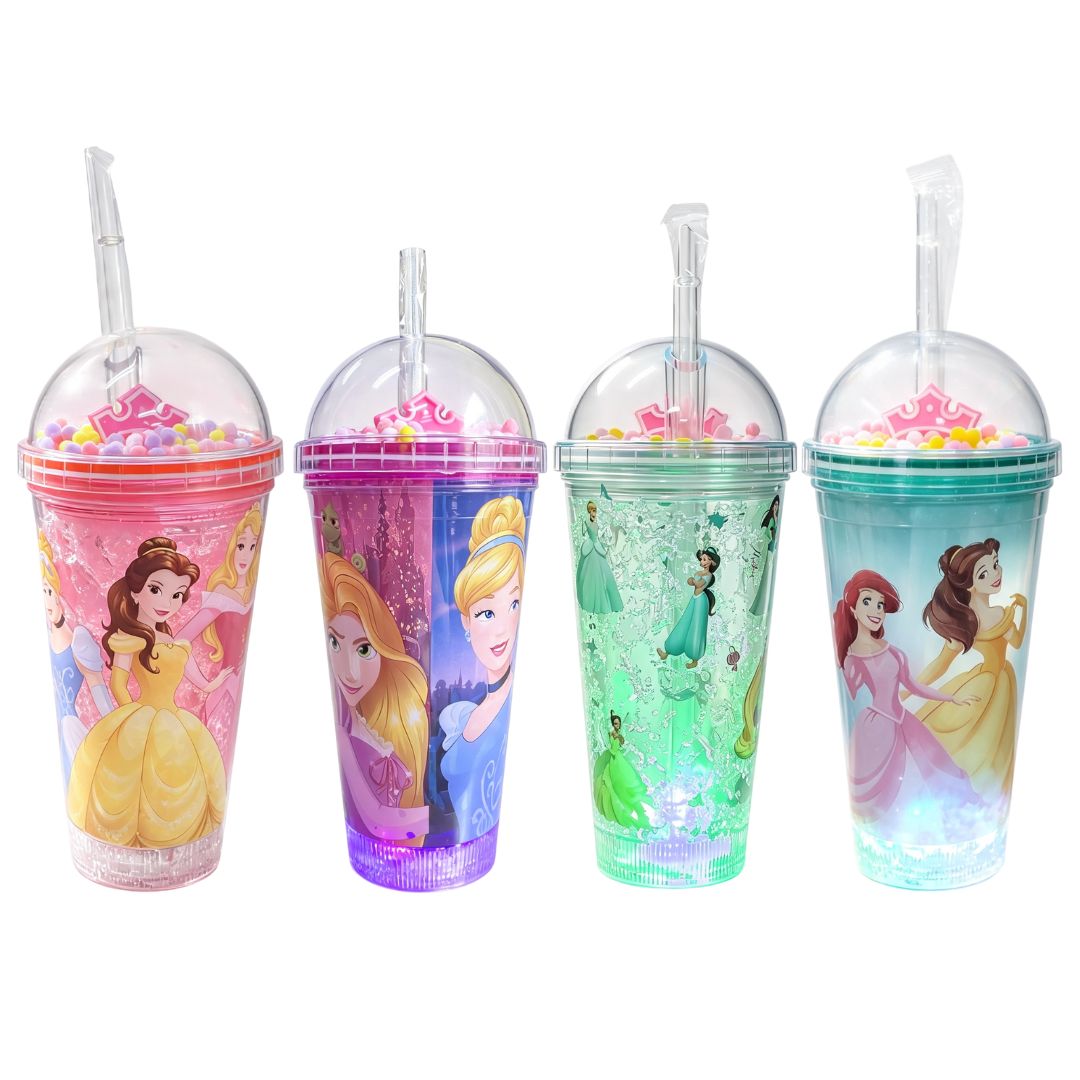 Copo c/ Canudo e Led Princesas 450ml Rosa Multicolorido Verde Transparente Infantil Bebidas Duplo Criança Presente