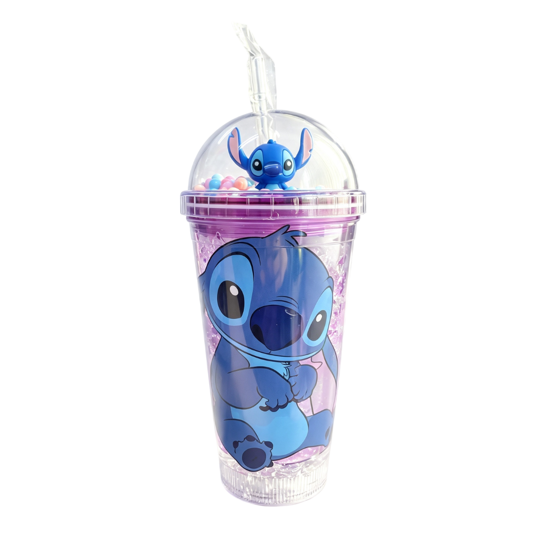 Copo c/ Canudo e Led Stitch 450ml Infantil Roxo Rosa Azul Transparente Angel Disney Bebidas Duplo Criança Presente - Imagem 3