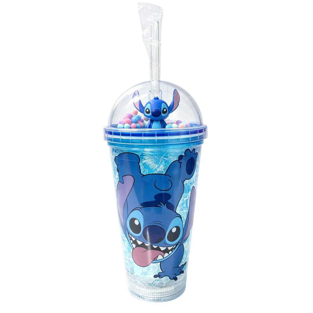 Copo c/ Canudo e Led Stitch 450ml Infantil Roxo Rosa Azul Transparente Angel Disney Bebidas Duplo Criança Presente - Imagem 4