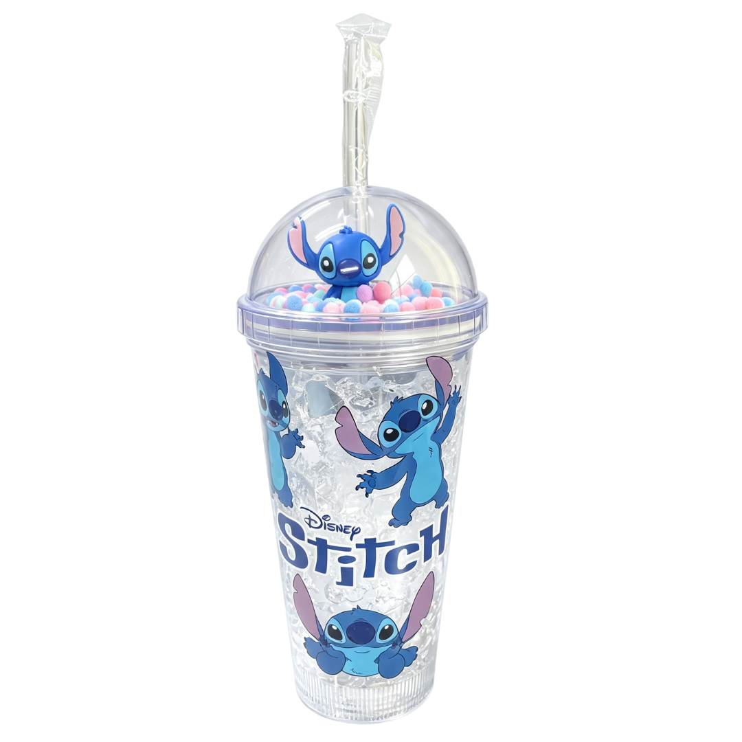 Copo c/ Canudo e Led Stitch 450ml Infantil Roxo Rosa Azul Transparente Angel Disney Bebidas Duplo Criança Presente - Imagem 5