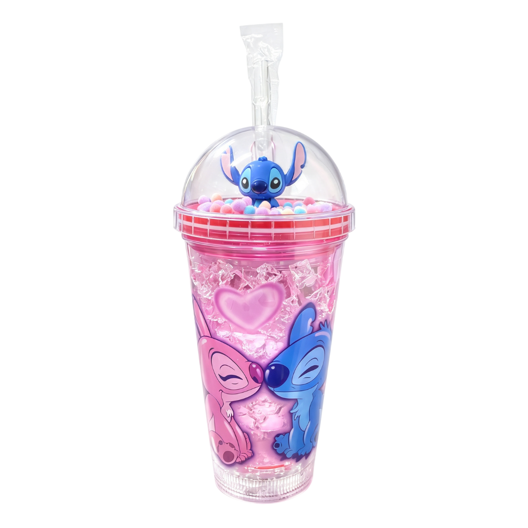 Copo c/ Canudo e Led Stitch 450ml Infantil Roxo Rosa Azul Transparente Angel Disney Bebidas Duplo Criança Presente - Imagem 2