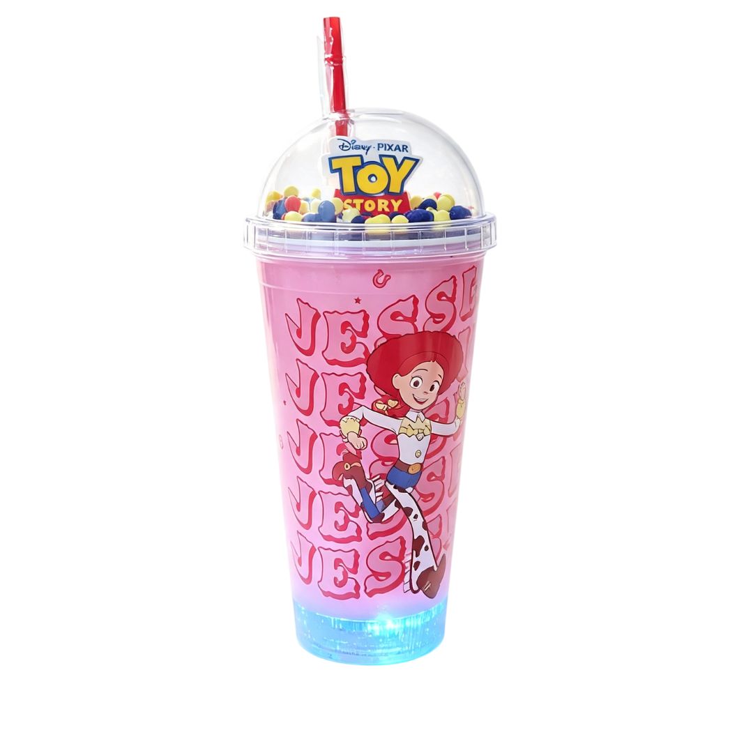 Copo c/ Canudo e Led Toy Story 450ml Azul Verde Rosa Transparente Infantil Bebidas Duplo Criança Presente - Imagem 4