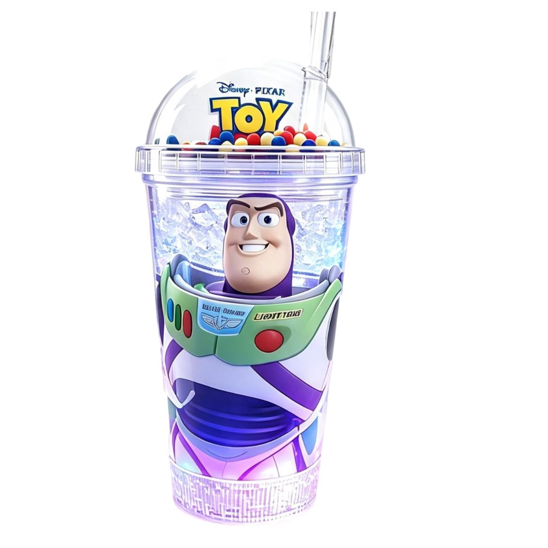 Copo c/ Canudo e Led Toy Story 450ml Azul Verde Rosa Transparente Infantil Bebidas Duplo Criança Presente - Imagem 5