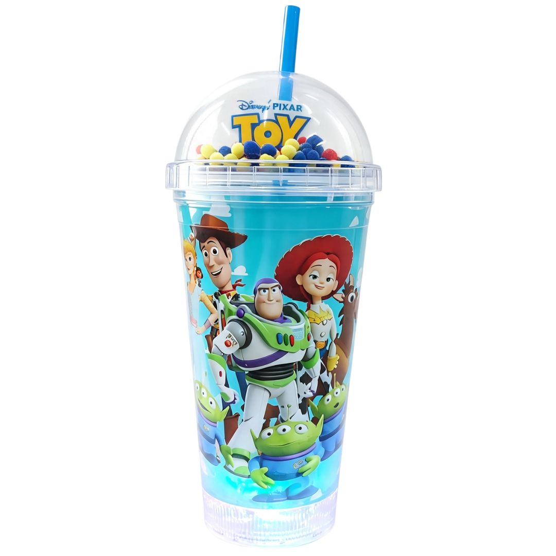 Copo c/ Canudo e Led Toy Story 450ml Azul Verde Rosa Transparente Infantil Bebidas Duplo Criança Presente - Imagem 2
