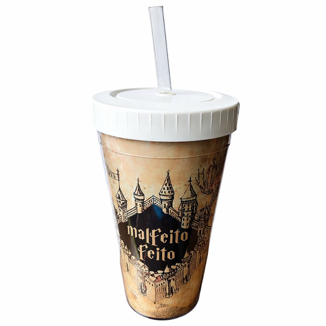 Copo c/ Canudo Mapa do Maroto Frase Malfeito Feito Harry Potter 520ml Marrom Bebidas Presente Tampa Hogwarts