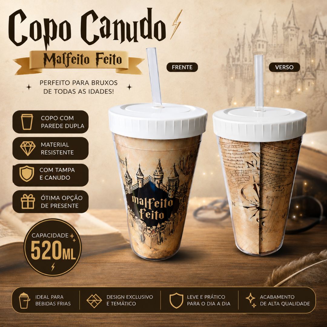 Copo c/ Canudo Mapa do Maroto Frase Malfeito Feito Harry Potter 520ml Marrom Bebidas Presente Tampa Hogwarts - Imagem 2