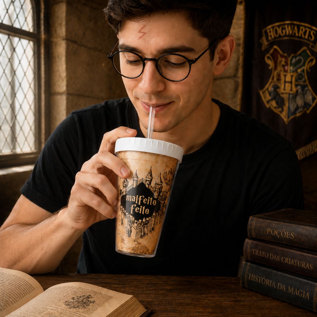 Copo c/ Canudo Mapa do Maroto Frase Malfeito Feito Harry Potter 520ml Marrom Bebidas Presente Tampa Hogwarts - Imagem 3