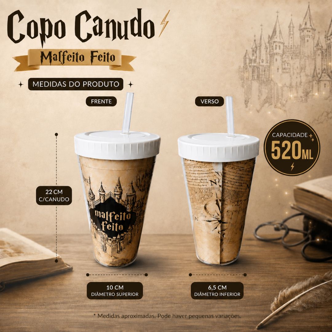 Copo c/ Canudo Mapa do Maroto Frase Malfeito Feito Harry Potter 520ml Marrom Bebidas Presente Tampa Hogwarts - Imagem 5