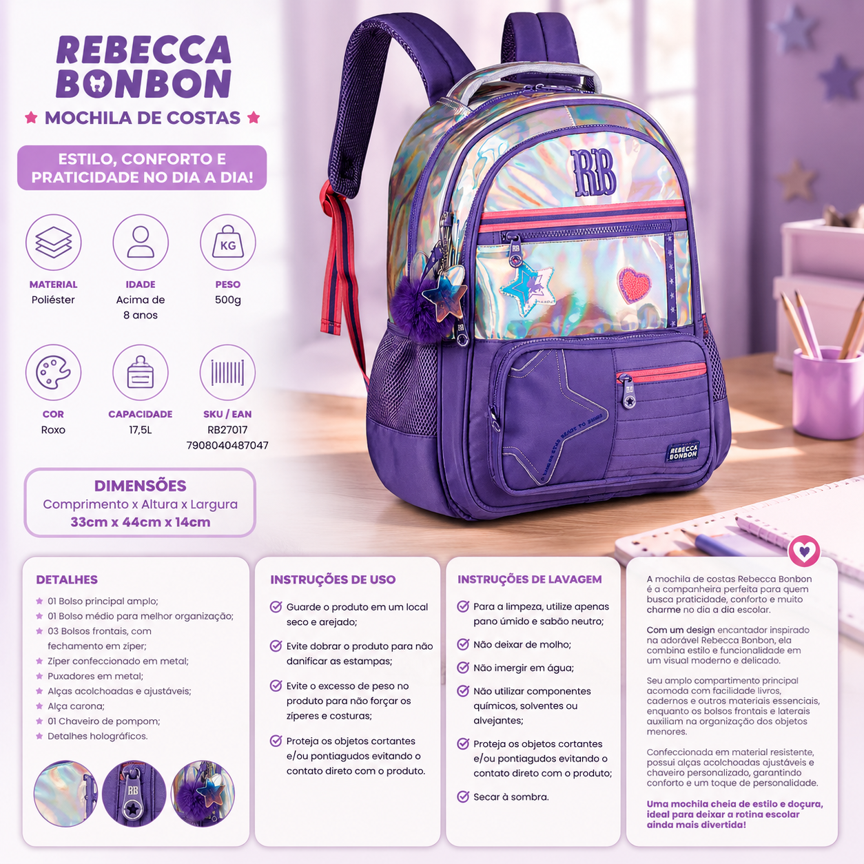 Mochila de Costas Holográfica Rebecca Bonbon Rosa Escolar Volta as Aulas Juvenil Youtuber Feminina - Imagem 6