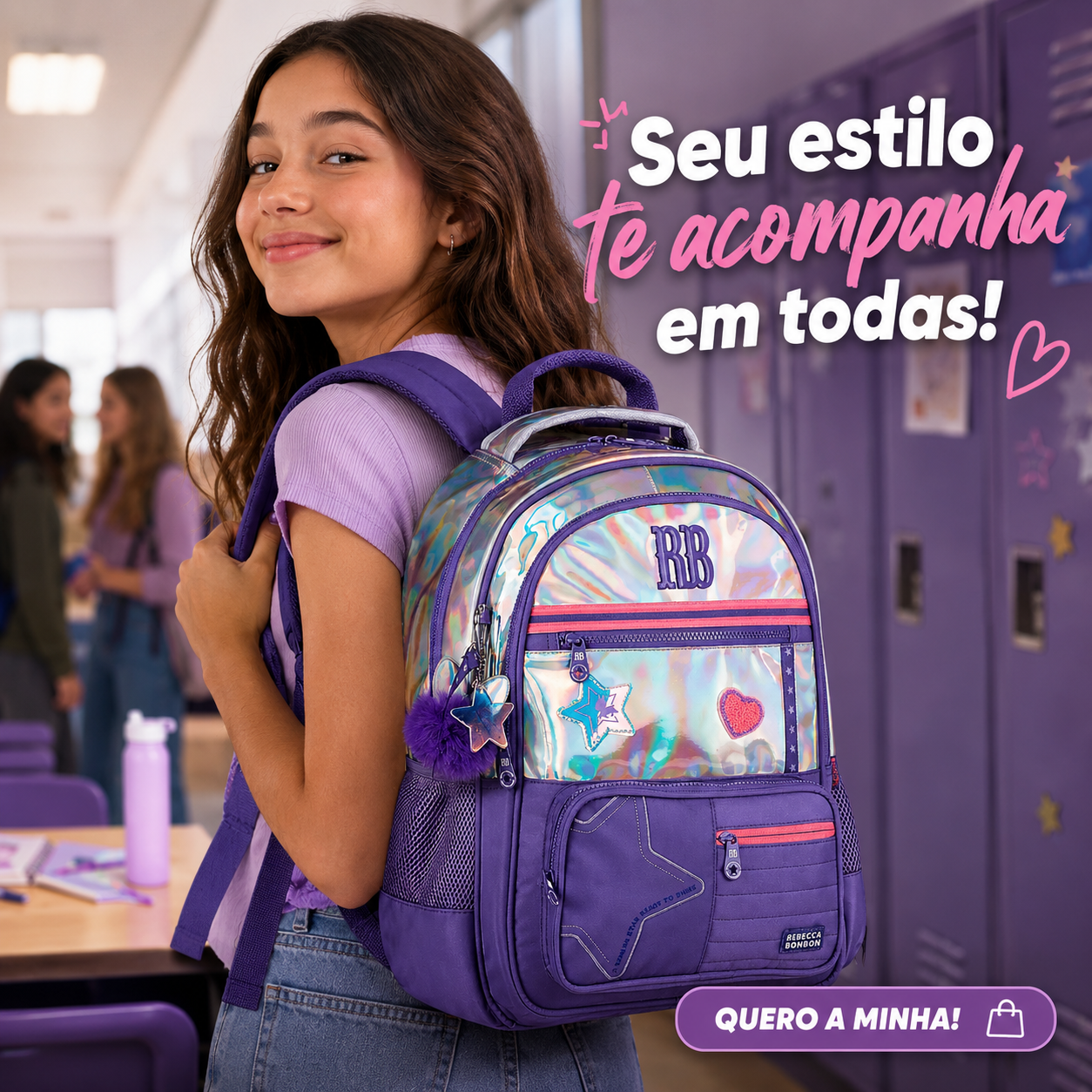 Mochila de Costas Holográfica Rebecca Bonbon Rosa Escolar Volta as Aulas Juvenil Youtuber Feminina - Imagem 4