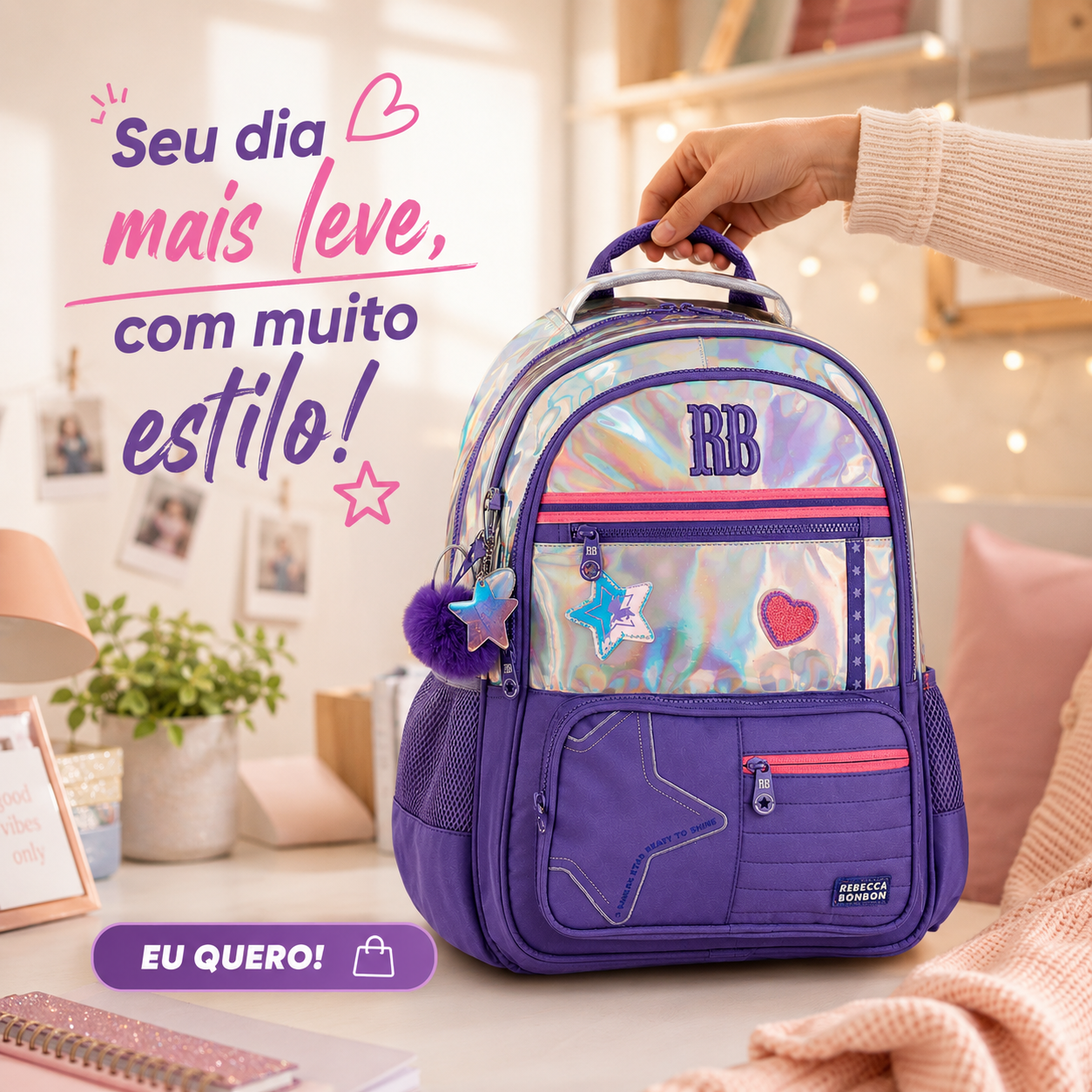 Mochila de Costas Holográfica Rebecca Bonbon Rosa Escolar Volta as Aulas Juvenil Youtuber Feminina - Imagem 5