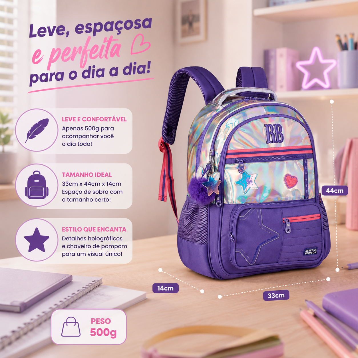 Mochila de Costas Holográfica Rebecca Bonbon Rosa Escolar Volta as Aulas Juvenil Youtuber Feminina - Imagem 3