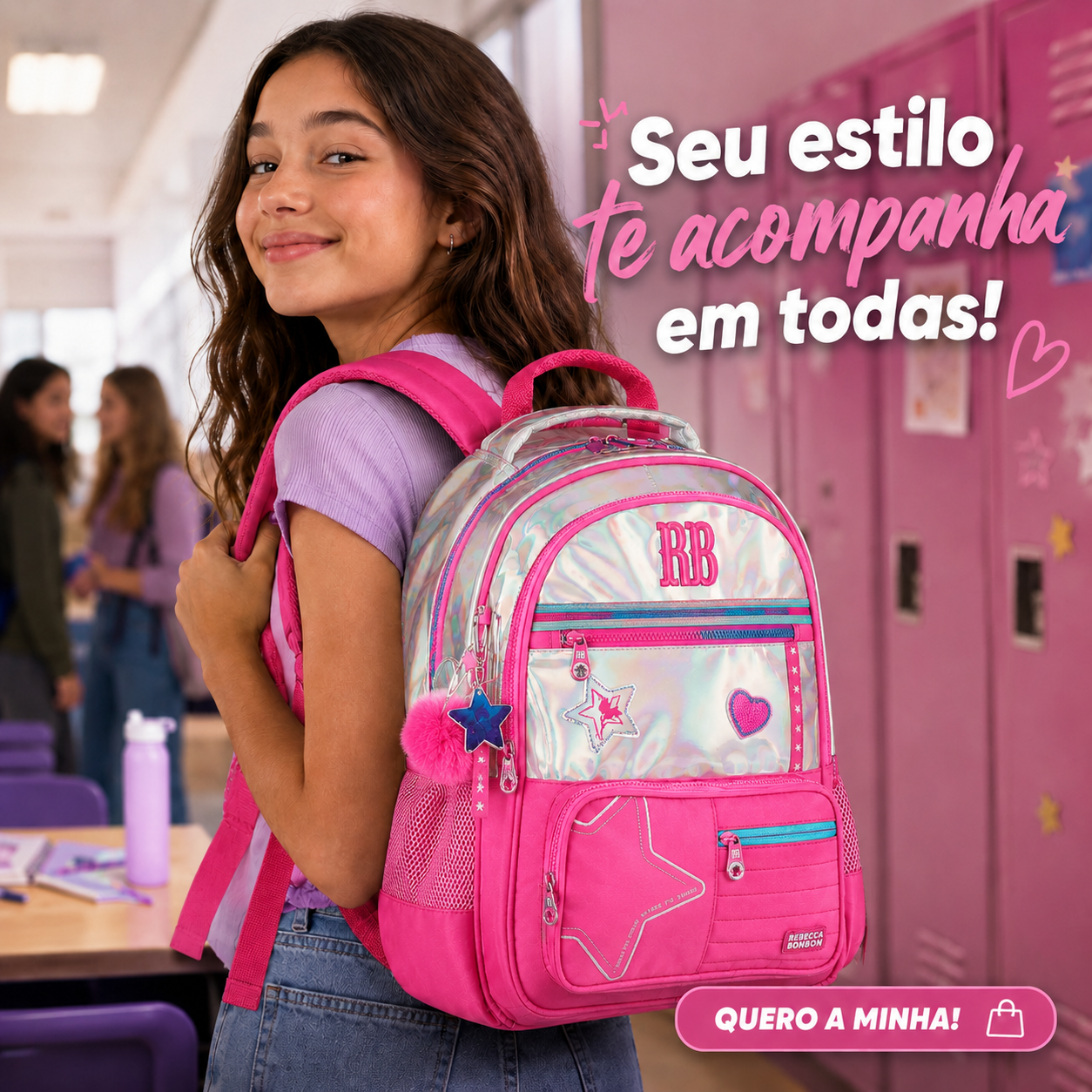 Mochila de Costas Holográfica Rebecca Bonbon Rosa Escolar Volta as Aulas Juvenil Youtuber Feminina - Imagem 9
