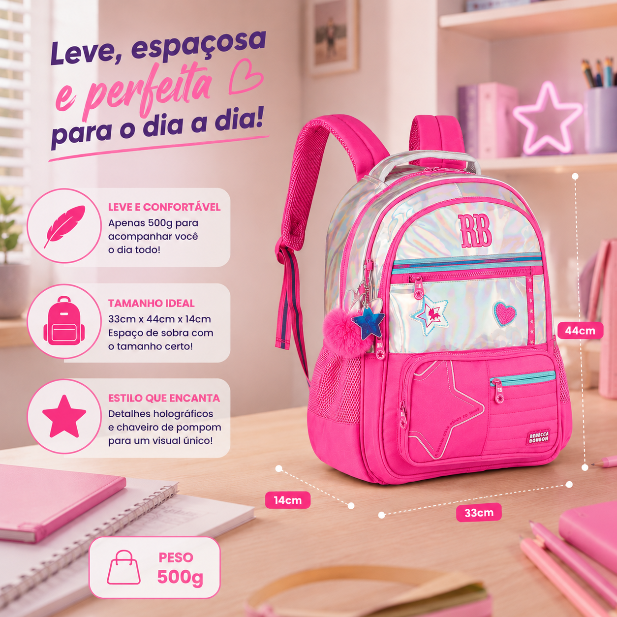 Mochila de Costas Holográfica Rebecca Bonbon Rosa Escolar Volta as Aulas Juvenil Youtuber Feminina - Imagem 8