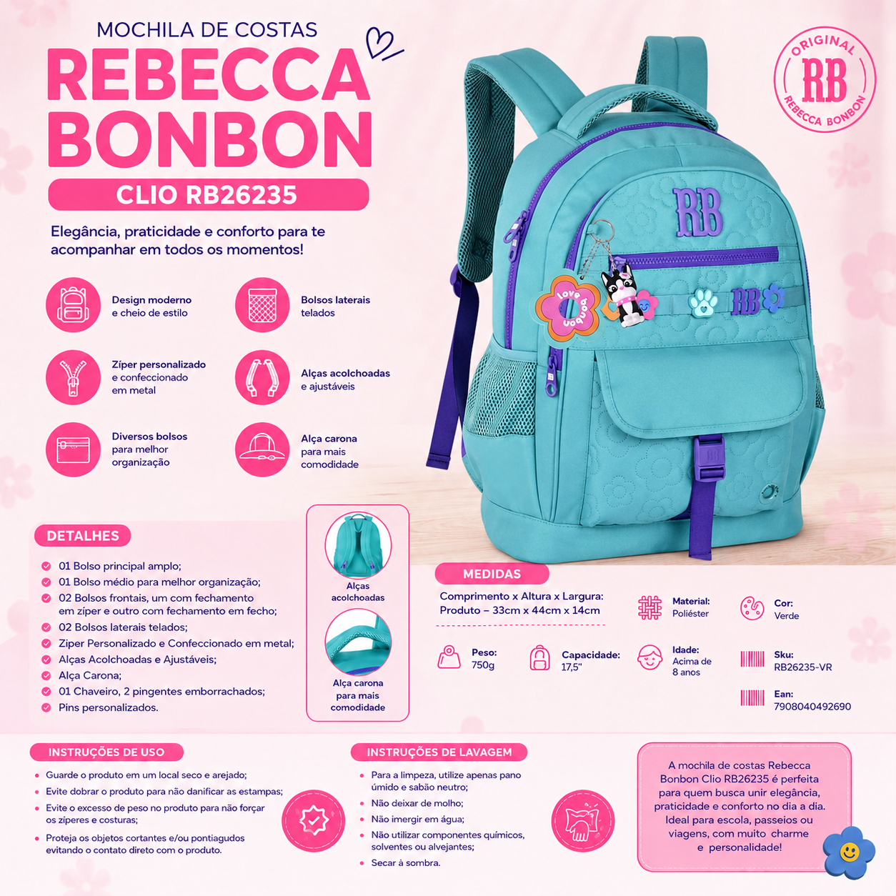 Mochila de Costas Rebecca Bonbon Escolar Juvenil Feminino Estilosa Volta as Aulas Passeio Viagem - Imagem 7