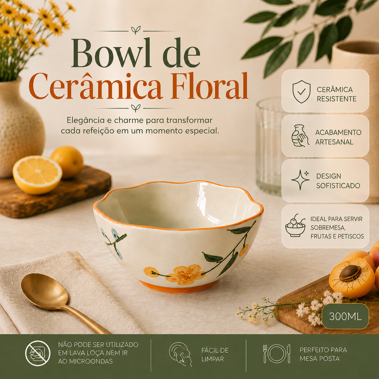 Bowl de Cerâmica Floral 300ml Jantar Mesa Posta Frutas Petiscos Saladas Funcional Design Exclusivo Resistente Presente - Imagem 2