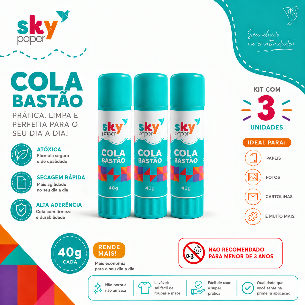 Kit 3 Cola em Bastão Branca 40g Skypaper Material Escolar Volta Aulas Estudo Papelaria Papel Cartolina - Imagem 2