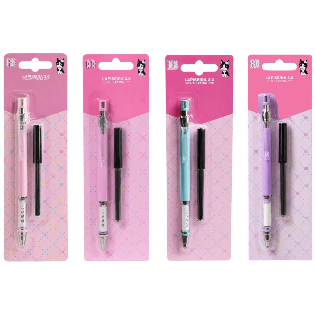 Lapiseira 2.0mm c/ Grafite Extra Rebecca Bonbon Lilás Rosa Salmão Azul Escolar Estudo Escrever Volta Aulas Apontador Emb