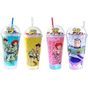 Copo c/ Canudo e Led Toy Story 450ml Azul Verde Rosa Transparente Infantil Bebidas Duplo Criança Presente