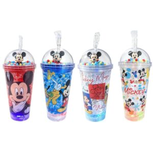 Copo c/ Canudo e Led Mickey Mouse Infantil Vermelho Azul Multicolorido Transparente Disney Bebidas Duplo Criança Present