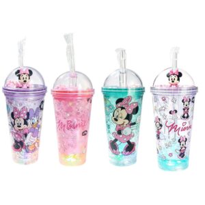Copo c/ Canudo e Led Minnie Mouse 450ml Infantil Roxo Rosa Verde Transparente Disney Bebidas Duplo Criança Presente