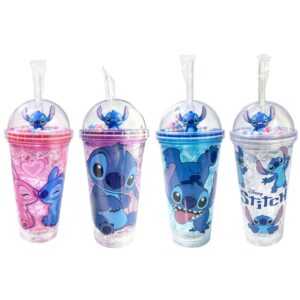 Copo c/ Canudo e Led Stitch 450ml Infantil Roxo Rosa Azul Transparente Angel Disney Bebidas Duplo Criança Presente