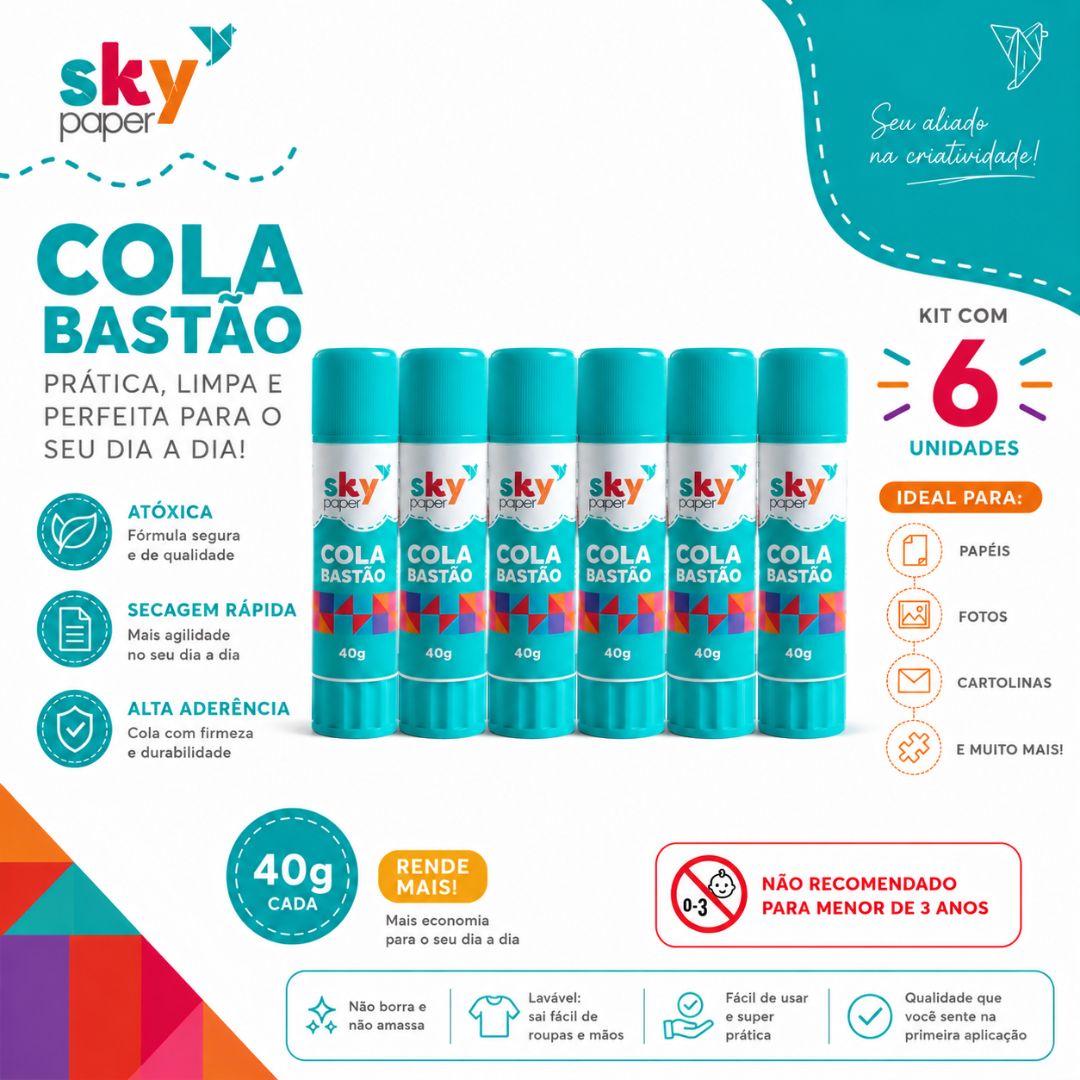 Kit 6 Cola em Bastão Branca 40g Skypaper Material Escolar Volta Aulas Estudo Papelaria Papel Cartolina - Imagem 2