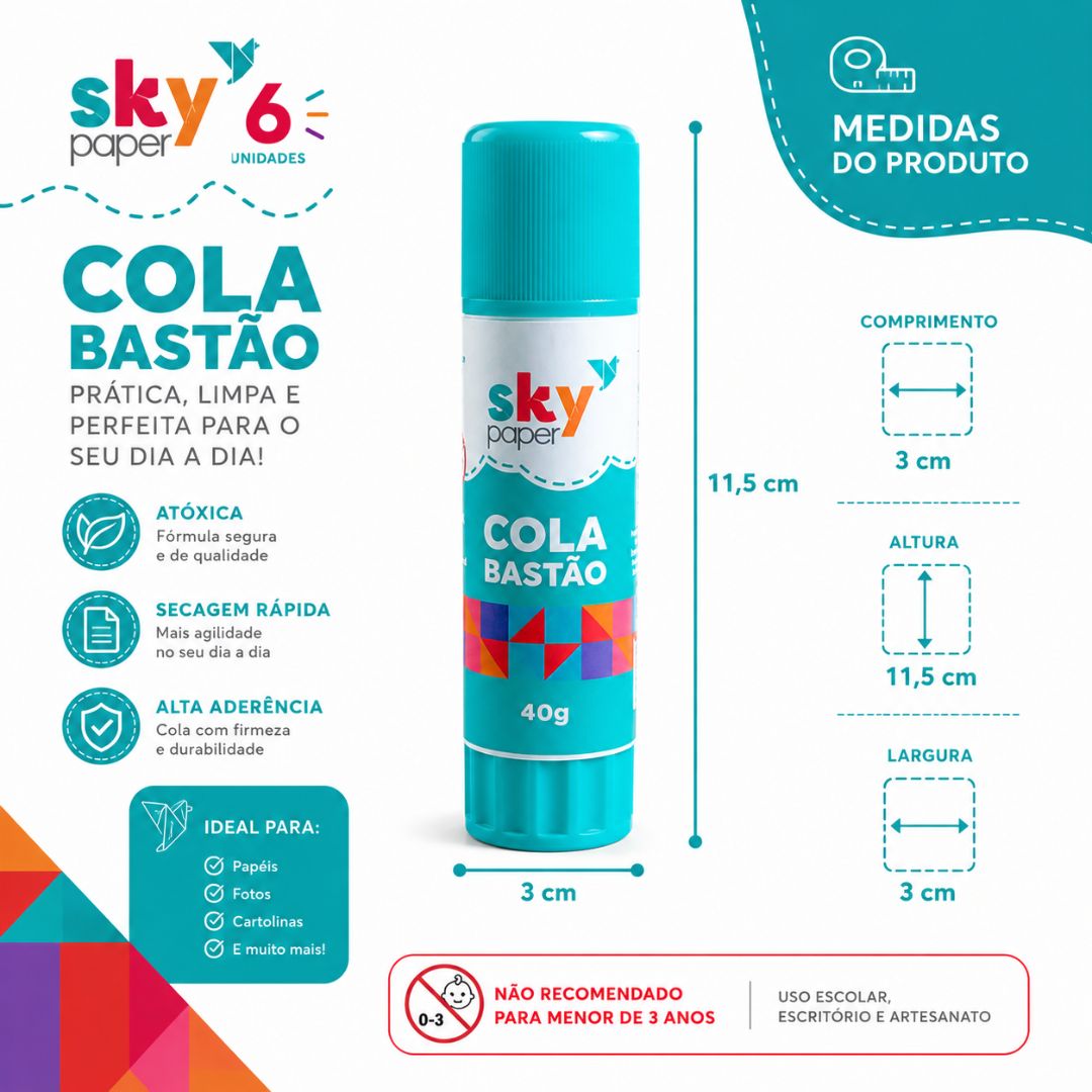 Kit 3 Cola em Bastão Branca 40g Skypaper Material Escolar Volta Aulas Estudo Papelaria Papel Cartolina - Imagem 5