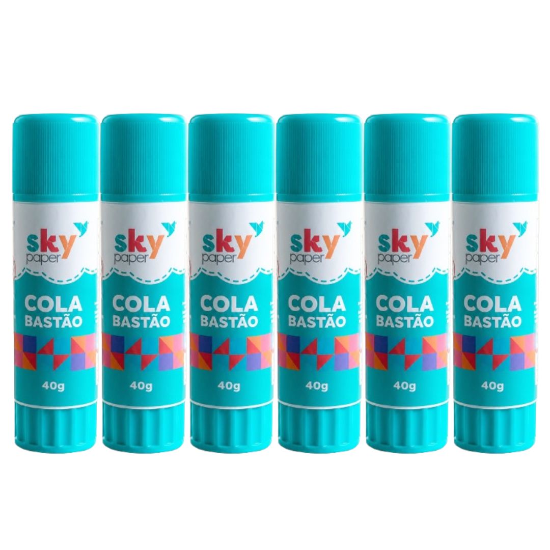 Kit 6 Cola em Bastão Branca 40g Skypaper Material Escolar Volta Aulas Estudo Papelaria Papel Cartolina
