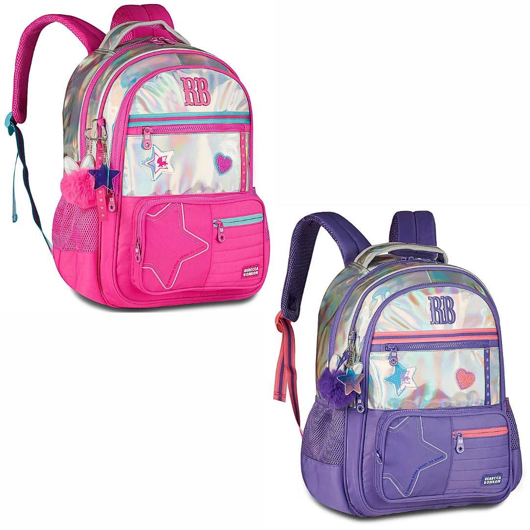 Mochila de Costas Holográfica Rebecca Bonbon Rosa Escolar Volta as Aulas Juvenil Youtuber Feminina