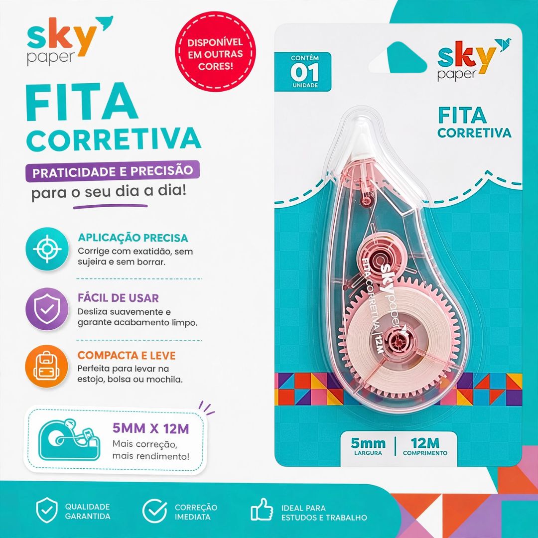 Fita Corretiva 5mm x 12m Cores Diversas Escolar Caderno Papelaria Corretivo em Fita Volta Aulas Estudo Correção - Imagem 2