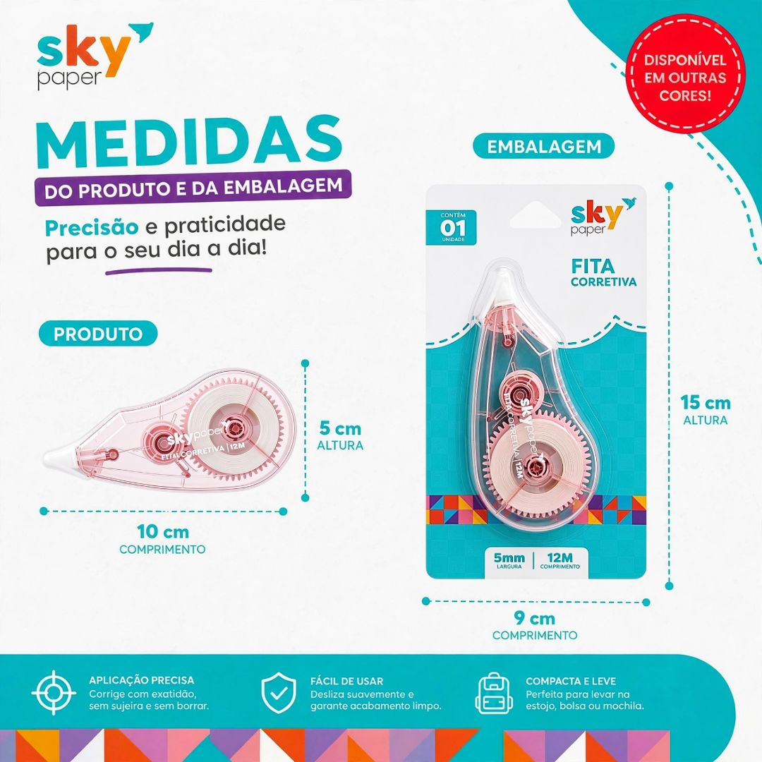 Fita Corretiva 5mm x 12m Cores Diversas Escolar Caderno Papelaria Corretivo em Fita Volta Aulas Estudo Correção - Imagem 5