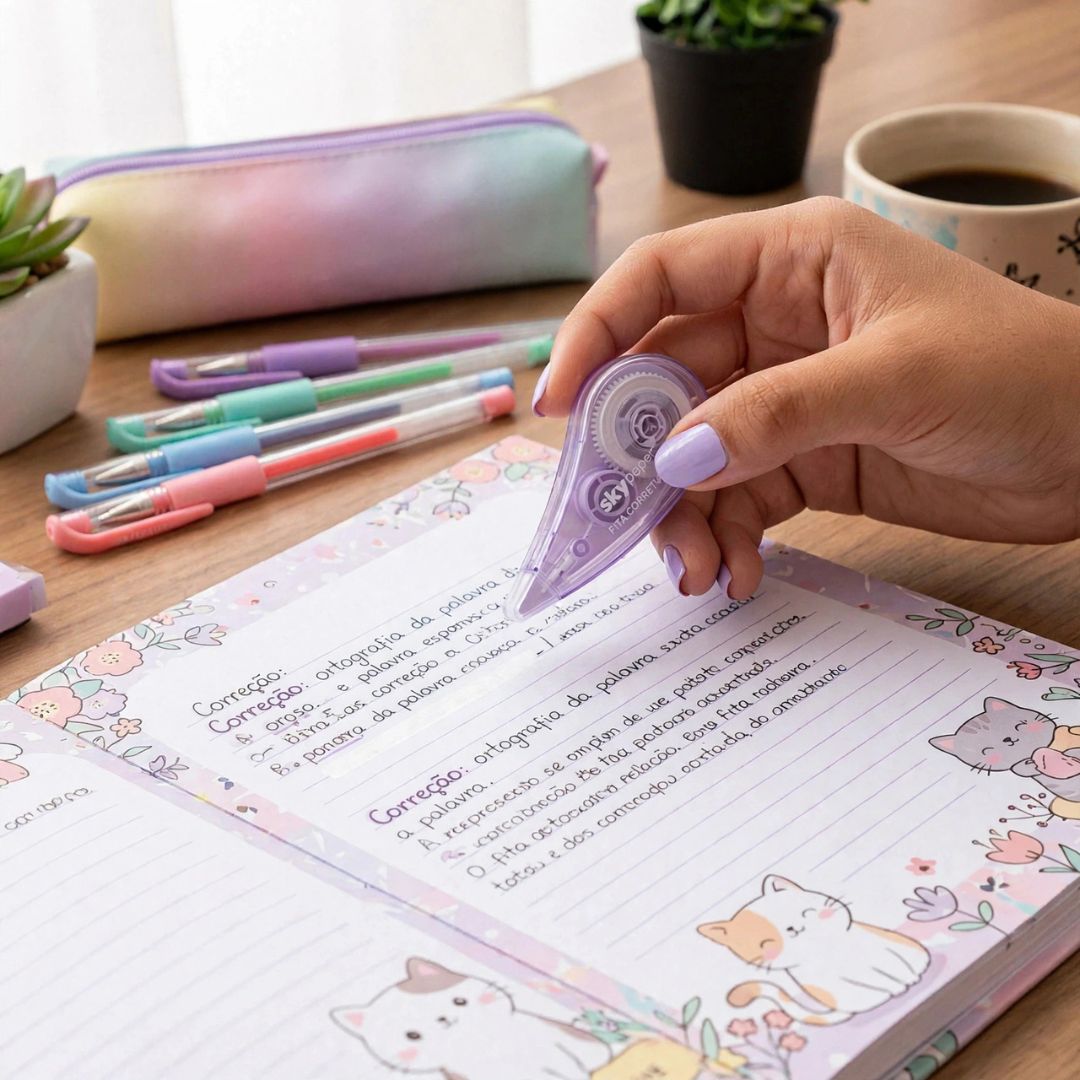 Fita Corretiva 5mm x 5m Cores Diversas Escolar Caderno Papelaria Corretivo em Fita Volta Aulas Estudo Correção - Imagem 3