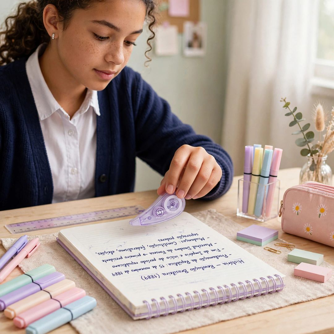 Fita Corretiva 5mm x 5m Cores Diversas Escolar Caderno Papelaria Corretivo em Fita Volta Aulas Estudo Correção - Imagem 4