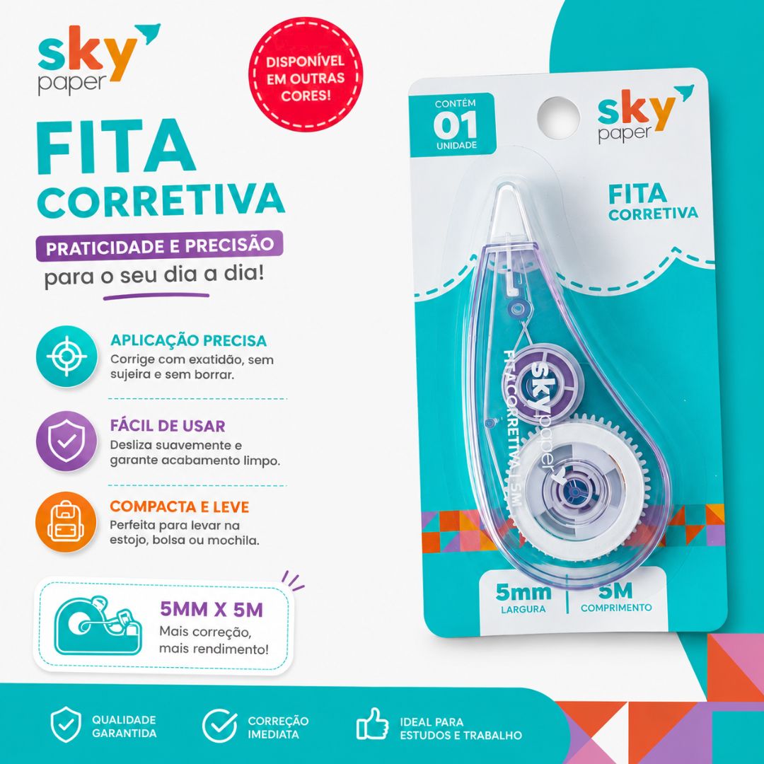 Fita Corretiva 5mm x 5m Cores Diversas Escolar Caderno Papelaria Corretivo em Fita Volta Aulas Estudo Correção - Imagem 2