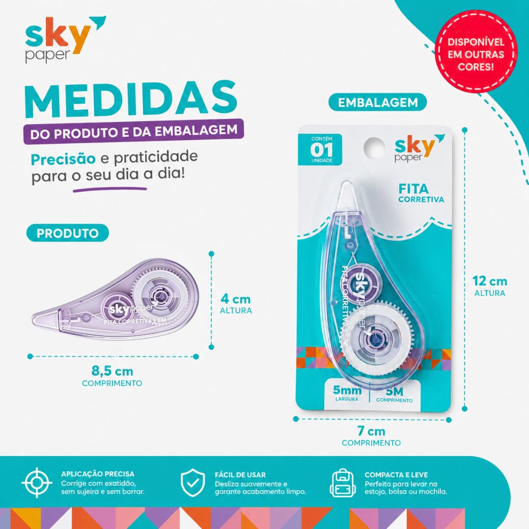 Fita Corretiva 5mm x 5m Cores Diversas Escolar Caderno Papelaria Corretivo em Fita Volta Aulas Estudo Correção - Imagem 5