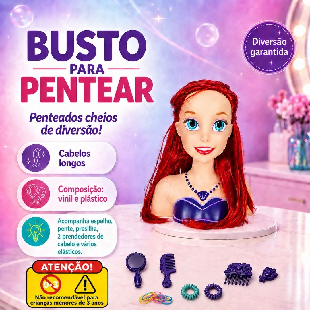 Boneca Busto Styling Head Ariel Disney Infantil Pentear Cabelo Brinquedo Menina Sereia Criança Presente Acessórios - Imagem 2