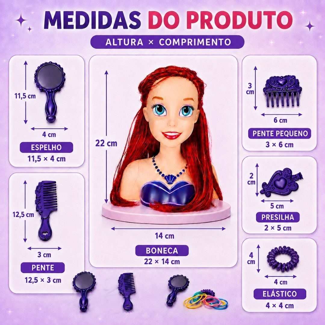 Boneca Busto Styling Head Ariel Disney Infantil Pentear Cabelo Brinquedo Menina Sereia Criança Presente Acessórios - Imagem 5