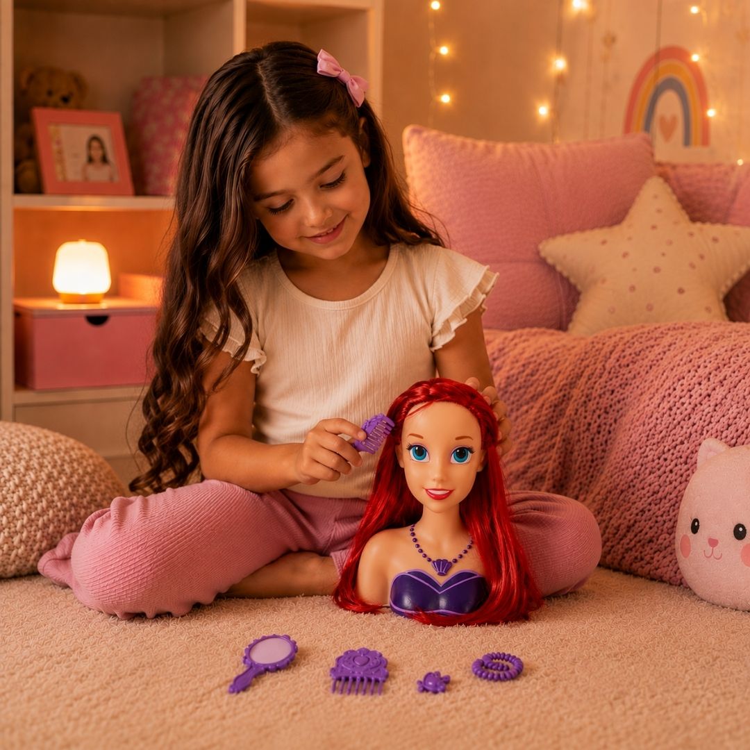 Boneca Busto Styling Head Ariel Disney Infantil Pentear Cabelo Brinquedo Menina Sereia Criança Presente Acessórios - Imagem 4