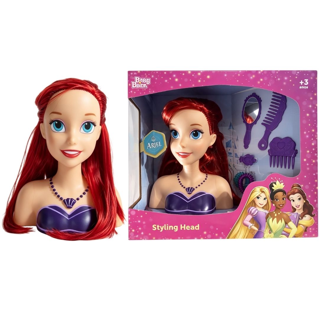 Boneca Busto Styling Head Ariel Disney Infantil Pentear Cabelo Brinquedo Menina Sereia Criança Presente Acessórios