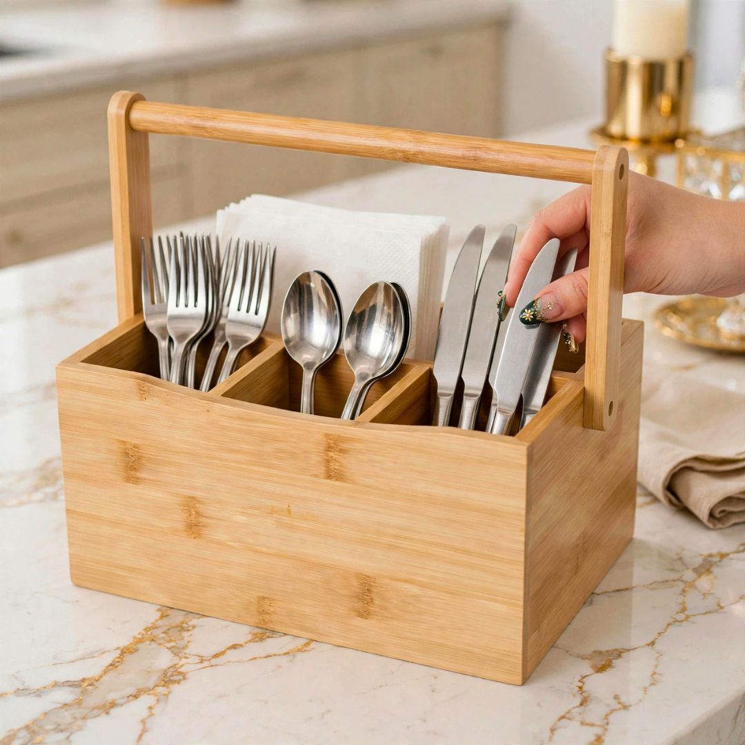 Porta Talheres de Bambu Porta Guardanapo 4 Compartimentos Suporte Alça Mesa Posta Cozinha - Imagem 4