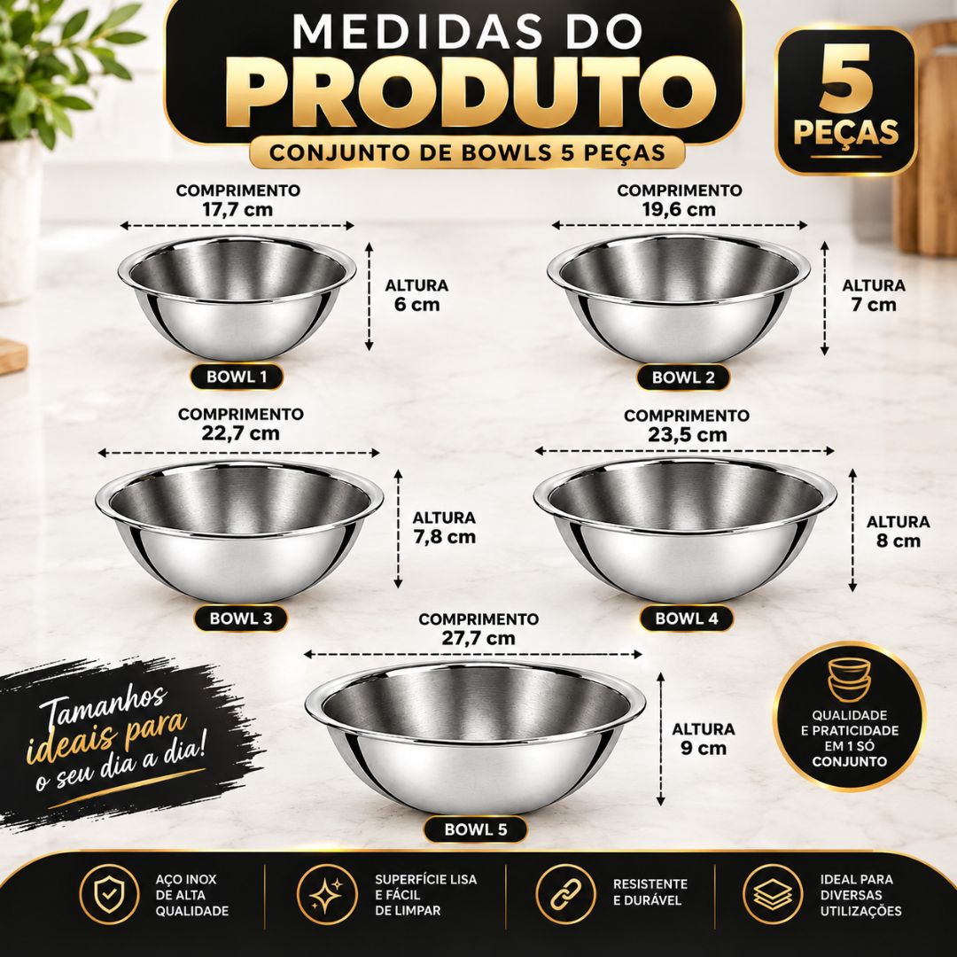 Conjunto de Bowls 5 Peças Aço Inox Servir Alimentos Cozinha Multiuso Tigelas Preparar Receitas - Imagem 5