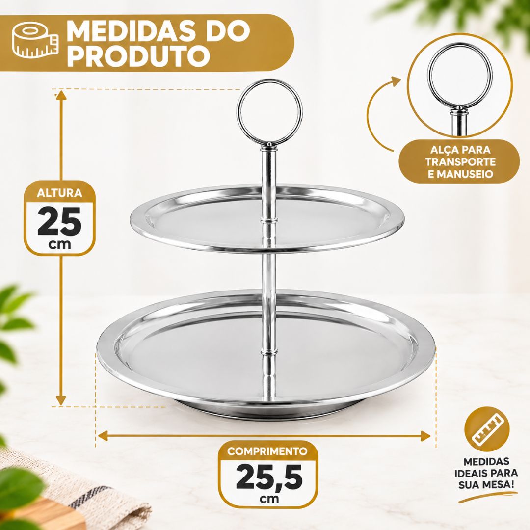 Suporte para Servir 2 Andares Inox Bandeja Doces Salgados Petiscos Festa Mesa Posta Decoração - Imagem 5
