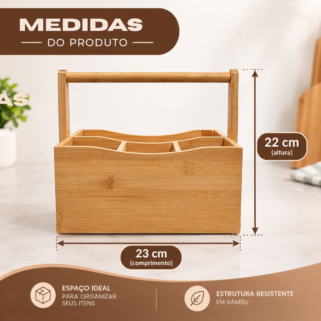 Porta Talheres de Bambu Porta Guardanapo 4 Compartimentos Suporte Alça Mesa Posta Cozinha - Imagem 5