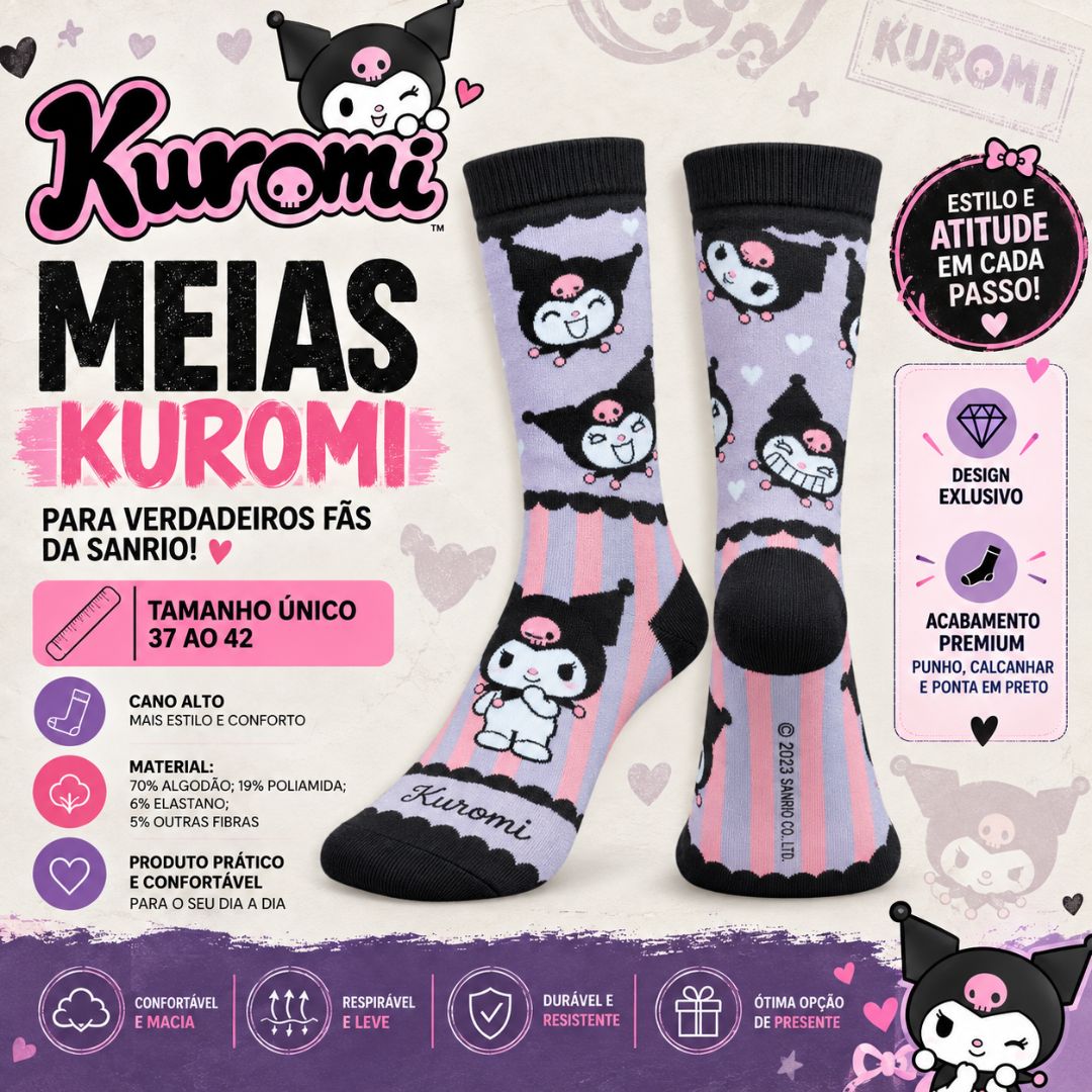 Meia Kuromi Sanrio Tam Único Adulto Roxa Cano Alto Confortável Inverno Presente Feminina - Imagem 2