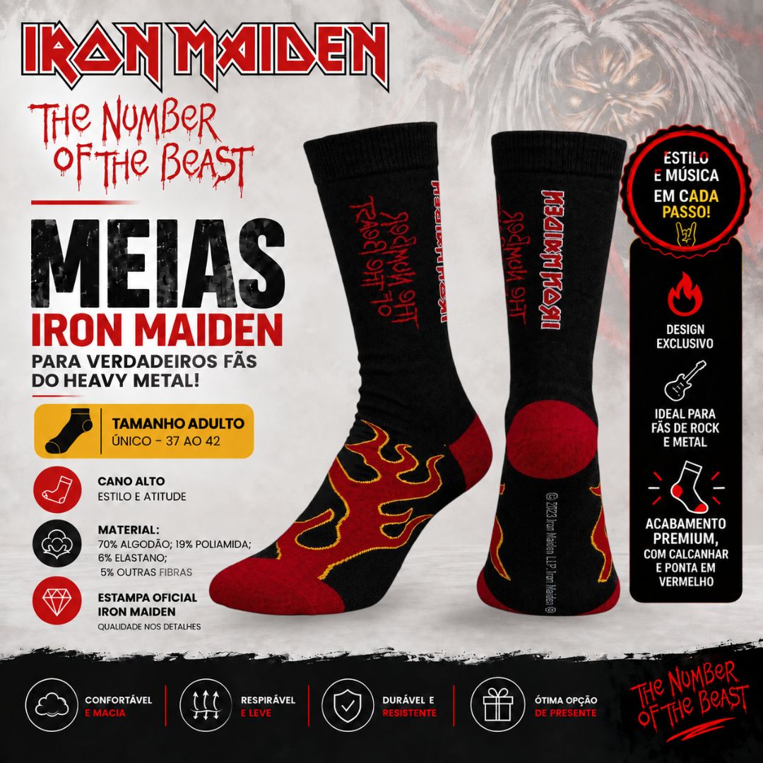 Meia Iron Maiden Fire Tam Único Adulto Cano Alto Heavy Metal Confortável Inverno Presente Rock Banda - Imagem 2