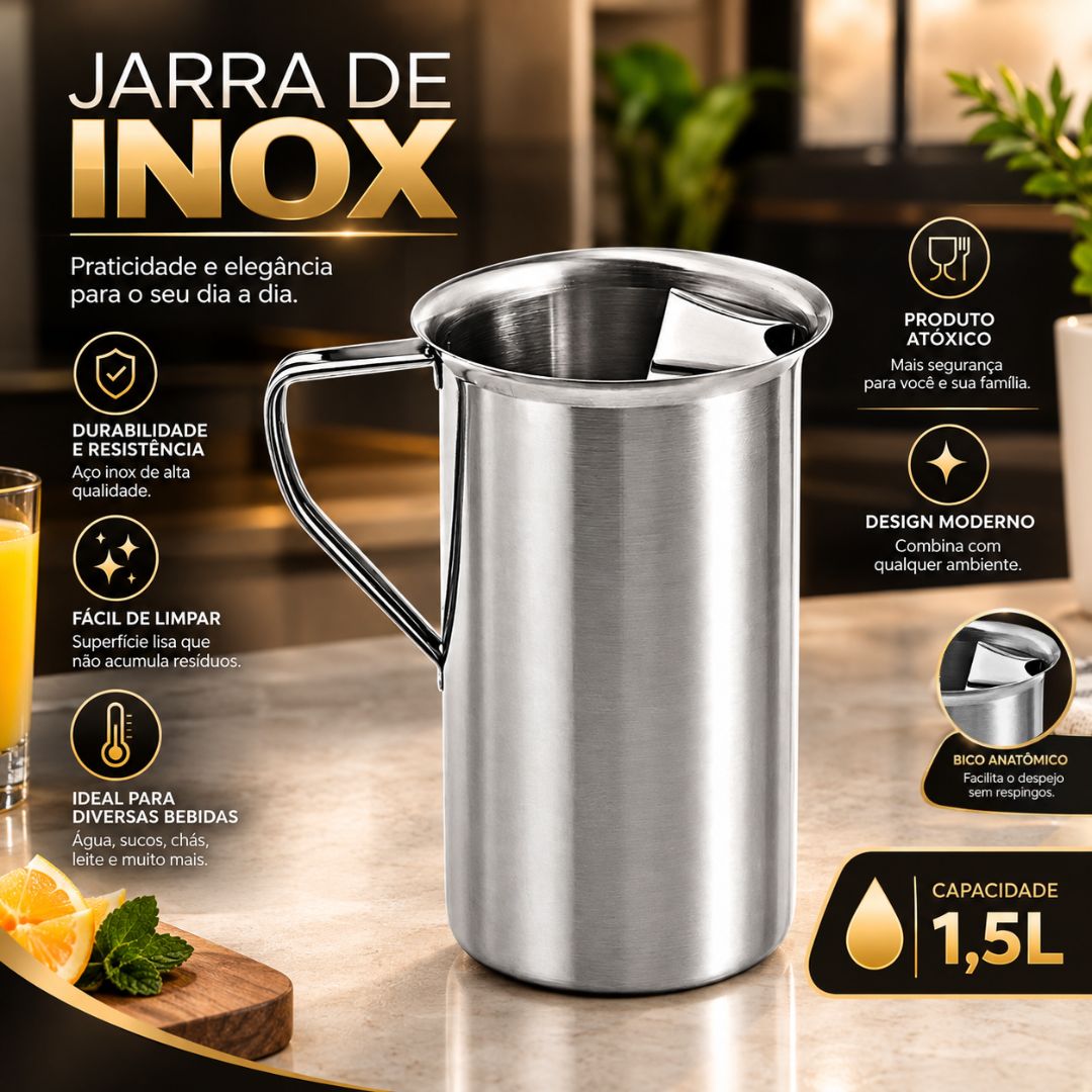 Jarra de Aço Inox 1,5L Água Suco Servir Bebidas Cozinha Praticidade Mesa Posta Elegante - Imagem 2