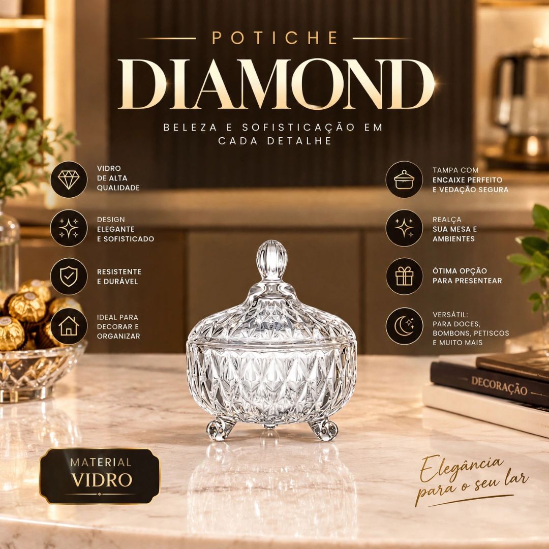 Potiche Diamond Vidro Tampa Bomboniere Decoração Sala Mesa Posta Pote Decorativo Enfeite Elegante - Imagem 2