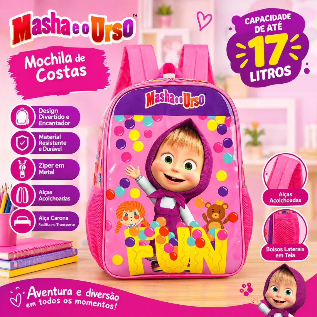 Mochila de Costas Masha e Urso Rosa Infantil Menina Escola Criança Estudo Presente Aula Desenho Animado - Imagem 2